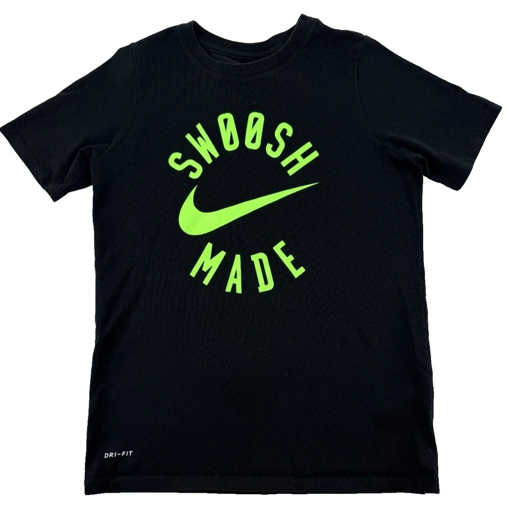 Nike Dri‎ Fit T Shirt Youth M Black Swoosh Made Graphic Athletic Tee